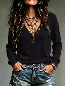 SHEIN Women's Solid Color Button Design V-Neck Long Sleeve Casual Boho Sweater Brunch Black Autumn - Black - View 3