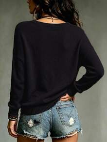 SHEIN Women's Solid Color Button Design V-Neck Long Sleeve Casual Boho Sweater Brunch Black Autumn - Black - View 2