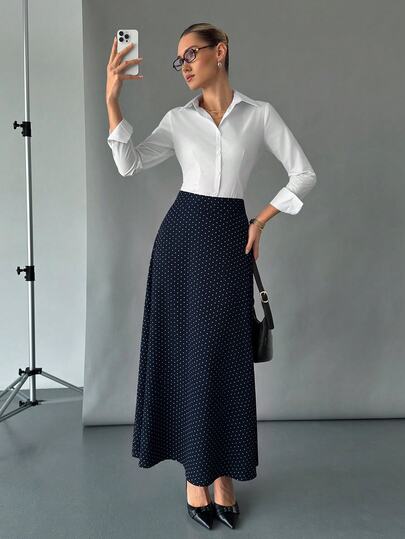 Siren Gaze Women's High Waist Navy Blue Polka Dot A-Line Ruffle Hem Long Skirt, Polka Dot Skirt, Commute Teacher Outfit, Back To School, Teacher's Day, Spring/Autumn, Casual Daily Wear, Winter