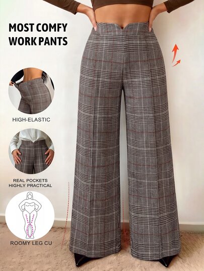 GlowEve CURVE Plus Size Women's Plaid Casual Versatile Daily Wear Long Pants