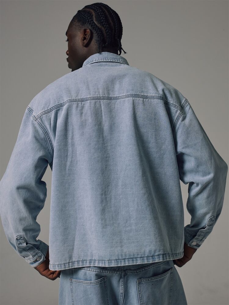 Musero Collared Long Sleeve Denim Shirt Oversized Boxy Fit Spring Summer Essentials - Blue - View 4