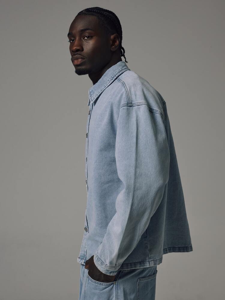 Musero Collared Long Sleeve Denim Shirt Oversized Boxy Fit Spring Summer Essentials - Blue - View 3