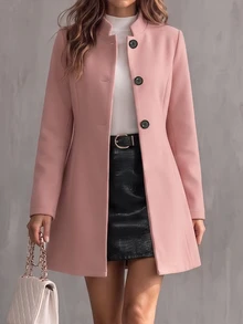 SHEIN Unity 女款羊毛混紡大衣，簡約純色休閒商務休閒外套，適合秋冬，辦公室日常穿搭，灰粉色 - 紫丁香色 - 查看 1