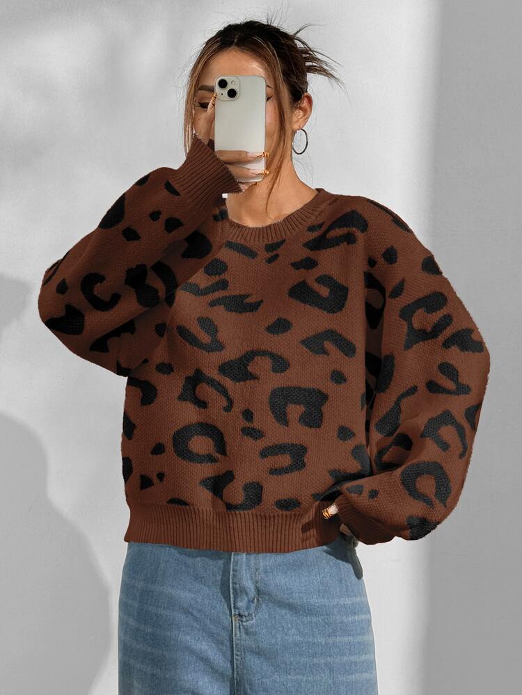 SHEIN Unity Loose Casual Versatile Leopard Print Sweater - Multicolor - View 7