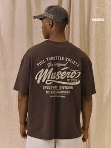 Musero Oversized Back Graphic "FULL THROTTLE SOCIETY" Crew Neck T-Shirt Autumn Winter Essentials Streetstyle - Brown - View 1