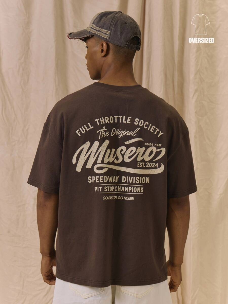 Musero Oversized Back Graphic "FULL THROTTLE SOCIETY" Crew Neck T-Shirt Autumn Winter Essentials Streetstyle - Brown - View 1