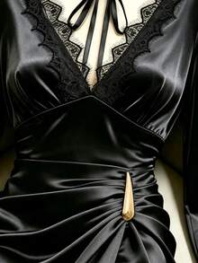 Franclia Gaun Ukuran Besar untuk Acara Makan Malam Musim Gugur, Pernikahan, Tamu, Hitam, Seksi, Elegan - Hitam - View 4