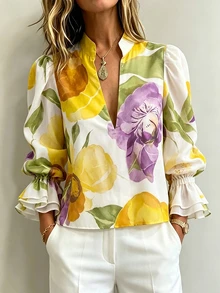 EMERY ROSE French Garden Watercolor Floral Print Stand Collar Blouse For Women, Spring/Summer New Style, Gentle Elegant V-Neck Puff Sleeve Ruffle Top - Multicolor - View 1