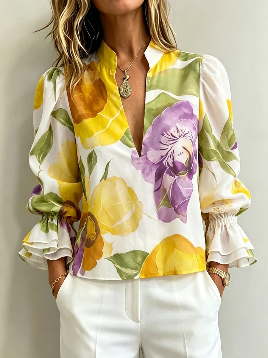 EMERY ROSE French Garden Watercolor Floral Print Stand Collar Blouse For Women, Spring/Summer New Style, Gentle Elegant V-Neck Puff Sleeve Ruffle Top - Multicolor - View 1