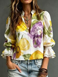 EMERY ROSE French Garden Watercolor Floral Print Stand Collar Blouse For Women, Spring/Summer New Style, Gentle Elegant V-Neck Puff Sleeve Ruffle Top - Multicolor - View 3
