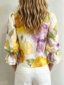 EMERY ROSE French Garden Watercolor Floral Print Stand Collar Blouse For Women, Spring/Summer New Style, Gentle Elegant V-Neck Puff Sleeve Ruffle Top - Multicolor - View 2