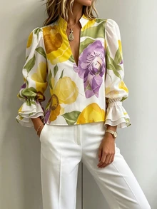 EMERY ROSE French Garden Watercolor Floral Print Stand Collar Blouse For Women, Spring/Summer New Style, Gentle Elegant V-Neck Puff Sleeve Ruffle Top - Multicolor - View 4
