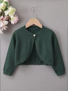 SHEIN Elladie kids 女童素色休閒百搭日常開襟衫 秋冬款 - 墨綠色 - 查看 3