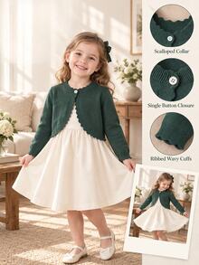 SHEIN Elladie kids 女童素色休閒百搭日常開襟衫 秋冬款 - 墨綠色 - 查看 1