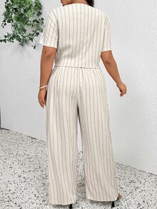 SHEIN Frenchy Plus Size Spring/Summer Casual Minimalist Versatile Striped 2 Pieces Suit Set, Women Blazer + Pants In Fall/Winter - Apricot - View 5