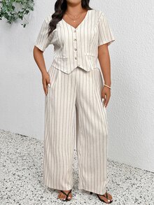 SHEIN Frenchy Plus Size Spring/Summer Casual Minimalist Versatile Striped 2 Pieces Suit Set, Women Blazer + Pants In Fall/Winter - Apricot - View 4