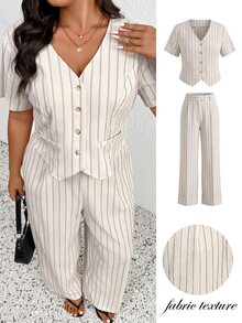 SHEIN Frenchy Plus Size Spring/Summer Casual Minimalist Versatile Striped 2 Pieces Suit Set, Women Blazer + Pants In Fall/Winter - Apricot - View 8