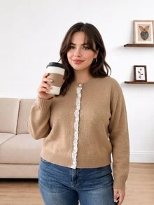 CosyJoli Plus Size Elegant Casual Stylish French Minimalist Commute Vacation Contrast Lace Premium Fall Knit Sweater Cardigan Top Women Evening Cocktail White - Khaki - View 3