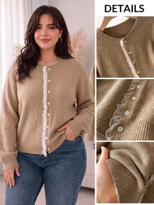 CosyJoli Plus Size Elegant Casual Stylish French Minimalist Commute Vacation Contrast Lace Premium Fall Knit Sweater Cardigan Top Women Evening Cocktail White - Khaki - View 4