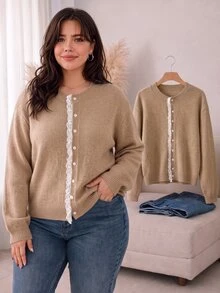 CosyJoli Plus Size Elegant Casual Stylish French Minimalist Commute Vacation Contrast Lace Premium Fall Knit Sweater Cardigan Top Women Evening Cocktail White - Khaki - View 9