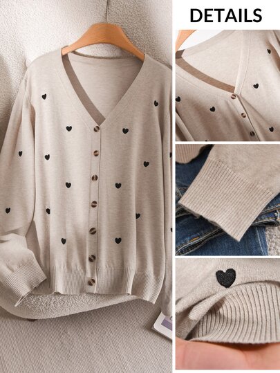 CosyJoli Plus Size Women Solid Color Heart Embroidery Basic Cardigan Autumn Business Casual Valentine's Day Dates Office Cute Elegant School College Beige