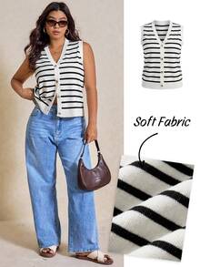 Elaquor Plus Size Women Striped Single-Breasted Casual Knitted Vest In Fall/Winter - Multicolor - View 8