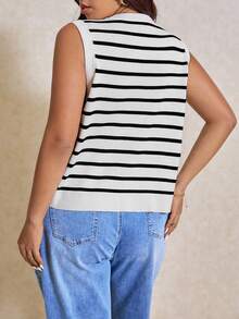 Elaquor Plus Size Women Striped Single-Breasted Casual Knitted Vest In Fall/Winter - Multicolor - View 7