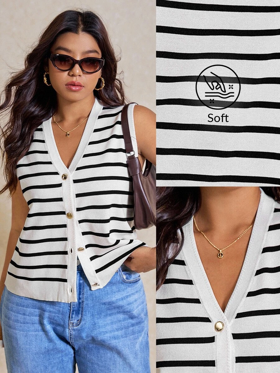 Elaquor Plus Size Women Striped Single-Breasted Casual Knitted Vest In Fall/Winter