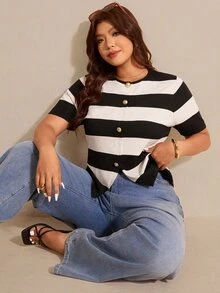 Elaquor 大尺碼女款時尚休閒優雅黑白條紋針織上衣，適合秋季辦公與晚宴 - 黑與白 - 查看 5