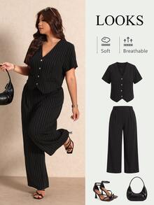 Elaquor Plus Size Striped Short Sleeve Jacket And Pants Suit Set Summer Elegant Casual Smart Tailored Office Formal Vacation Business Work Black For Women - Black - View 5