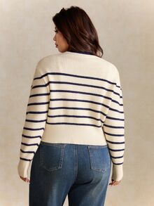 Elaquor Plus Size Women Casual Traditional Elegant White V-Neck Long Sleeve Cardigan In Autumn Evening Formal Vacation - Multicolor - View 3