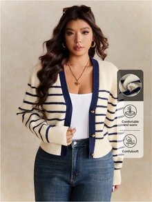 Elaquor Plus Size Women Casual Traditional Elegant White V-Neck Long Sleeve Cardigan In Autumn Evening Formal Vacation - Multicolor - View 8