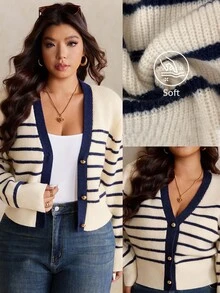 Elaquor Plus Size Women Casual Traditional Elegant White V-Neck Long Sleeve Cardigan In Autumn Evening Formal Vacation - Multicolor - View 2