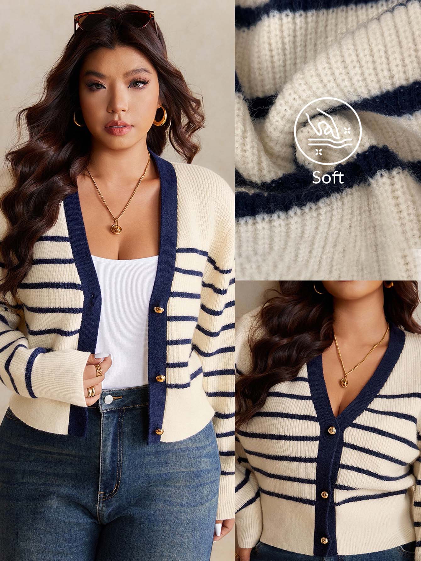Elaquor Plus Size Women Casual Traditional Elegant White V-Neck Long Sleeve Cardigan In Autumn Evening Formal Vacation