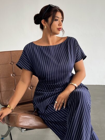 Firerie Plus Size Women's Striped Top And Long Pants Casual Elegant Business Casual Everyday Set Summer/ Teachers' Day Office Work Formal Navy Blue
