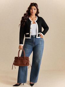 Elaquor Plus Size Women's Contrast Color Round Neck Long Sleeve Single-Breasted Casual Knitted Cardigan In Fall/Winter - Black - View 4