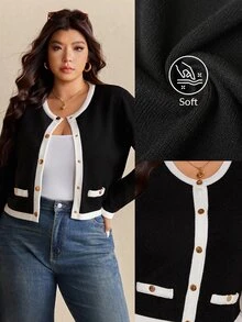 Elaquor Plus Size Women's Contrast Color Round Neck Long Sleeve Single-Breasted Casual Knitted Cardigan In Fall/Winter - Black - View 5