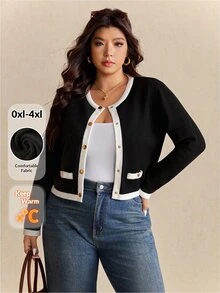 Elaquor Plus Size Women's Contrast Color Round Neck Long Sleeve Single-Breasted Casual Knitted Cardigan In Fall/Winter - Black - View 9