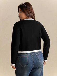 Elaquor Plus Size Women's Contrast Color Round Neck Long Sleeve Single-Breasted Casual Knitted Cardigan In Fall/Winter - Black - View 3
