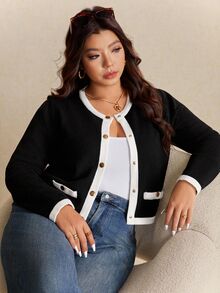 Elaquor Plus Size Women's Contrast Color Round Neck Long Sleeve Single-Breasted Casual Knitted Cardigan In Fall/Winter - Black - View 6