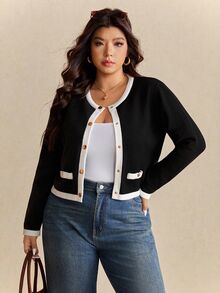 Elaquor Plus Size Women's Contrast Color Round Neck Long Sleeve Single-Breasted Casual Knitted Cardigan In Fall/Winter - Black - View 2