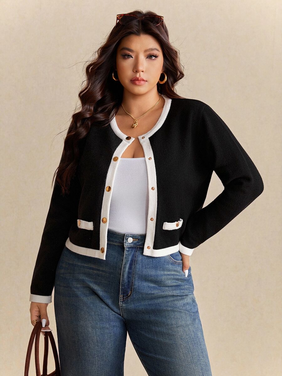 Elaquor Plus Size Women's Contrast Color Round Neck Long Sleeve Single-Breasted Casual Knitted Cardigan In Fall/Winter