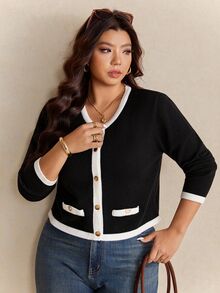 Elaquor Plus Size Women's Contrast Color Round Neck Long Sleeve Single-Breasted Casual Knitted Cardigan In Fall/Winter - Black - View 7