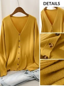 CosyJoli Women's Plus Size Casual Soft Form Business Casual Mustard Yellow Basic Cardigan, Autumn And / Office Dates School College - Yellow - View 4