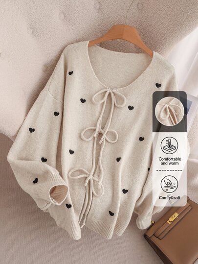 CosyJoli Plus Size Women Heart Decor Cardigan, French Elegant Cute Kawaii Fashionable Warm Sweater Coat, Autumn/Winter Fall Clothes Dates Teacher White
