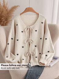 CosyJoli Damen-Cardigan in großen Größen mit Herz-Dekor, französischer eleganter süßer Kawaii-Stil, modischer warmer Strickmantel, Herbst-/Winterkleidung für Dates, Lehrer, Weiß