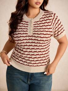 Elaquor Plus Size Elegant French Style Casual Shell Pattern Hollow Breathable Short Sleeve Knitted Pullover Top For Women, Summer Fall/Winter - Beige - View 6