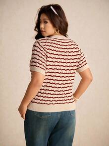 Elaquor Plus Size Elegant French Style Casual Shell Pattern Hollow Breathable Short Sleeve Knitted Pullover Top For Women, Summer Fall/Winter - Beige - View 3