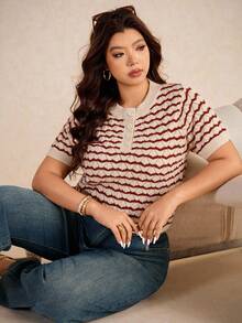 Elaquor Plus Size Elegant French Style Casual Shell Pattern Hollow Breathable Short Sleeve Knitted Pullover Top For Women, Summer Fall/Winter - Beige - View 9