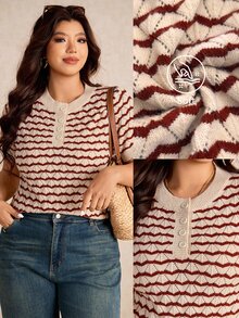 Elaquor Plus Size Elegant French Style Casual Shell Pattern Hollow Breathable Short Sleeve Knitted Pullover Top For Women, Summer Fall/Winter - Beige - View 5